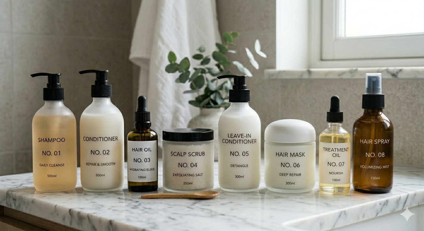 A collection of bespoke clean beauty hair care products including custom shampoos, hair growth serums, and salon-grade masks.