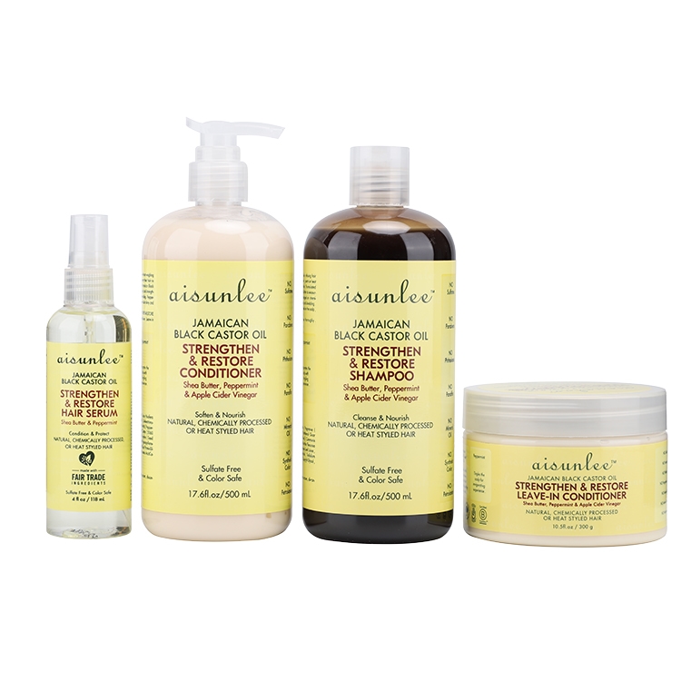 Aisunlee Jamaican Black Castor Oil hair care set including shampoo, conditioner, serum and leave-in conditioner, sulfate-free formula for strengthening damaged curly hair