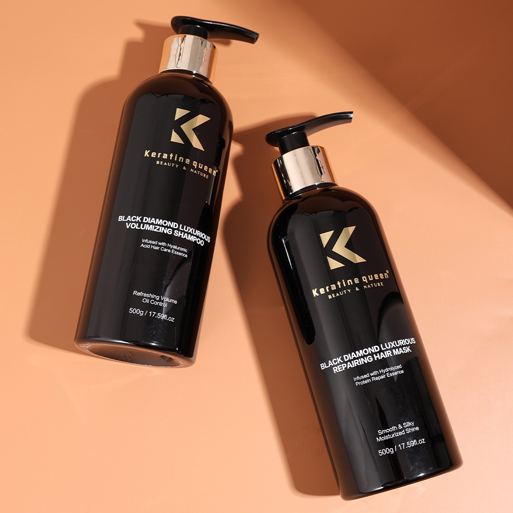 Keratine Queen Black Diamond Luxurious hair care set including volumizing shampoo and repairing hair mask, infused with hyaluronic acid and hydrolyzed protein