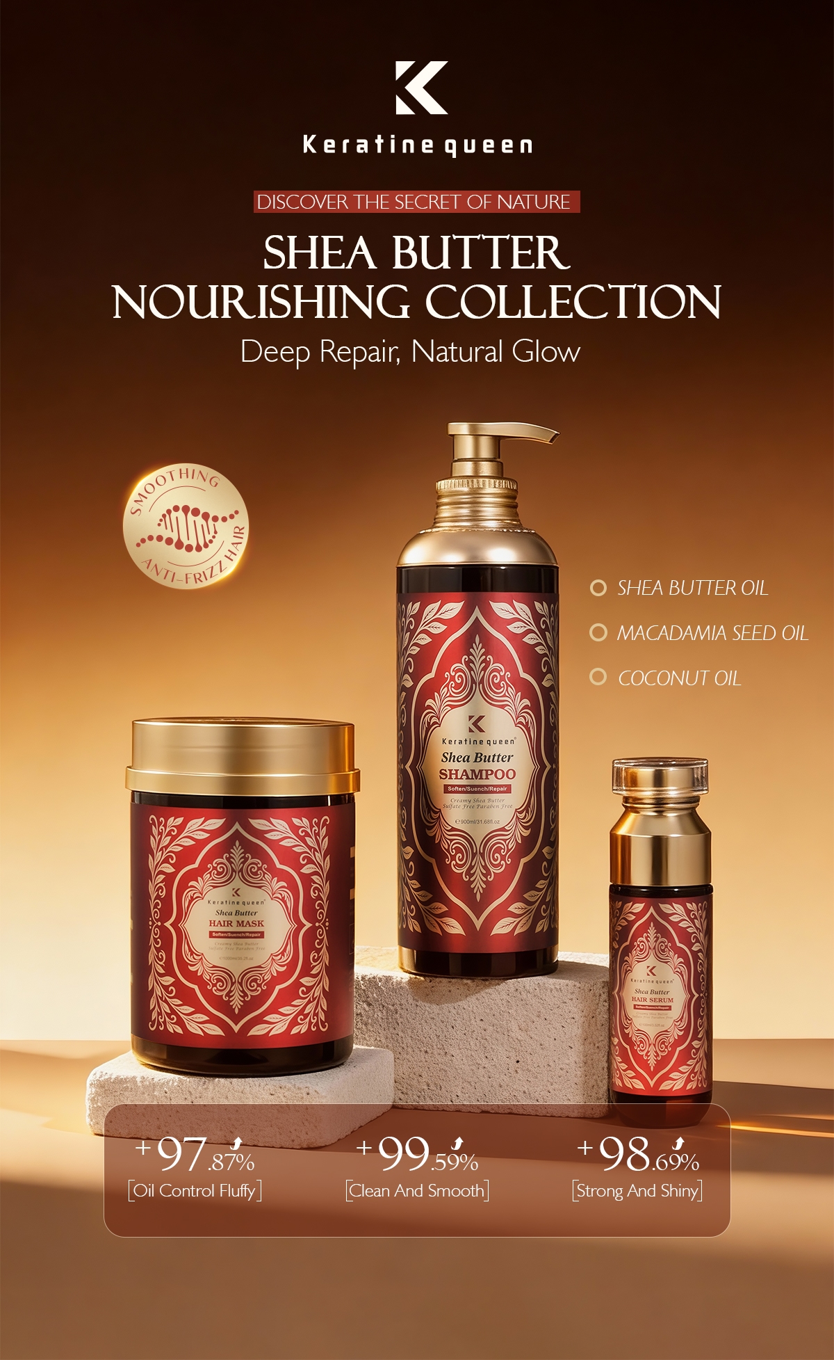 Keratine Queen Shea Butter hair care set including shampoo, hair mask and serum, sulfate-free nourishing formula for dry damaged hair