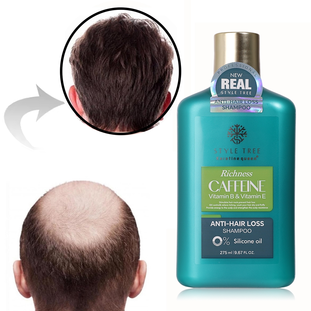 Style Tree Caffeine Anti-Hair Loss Shampoo with before and after results, silicone-free formula with Vitamin B and E for thinning hair