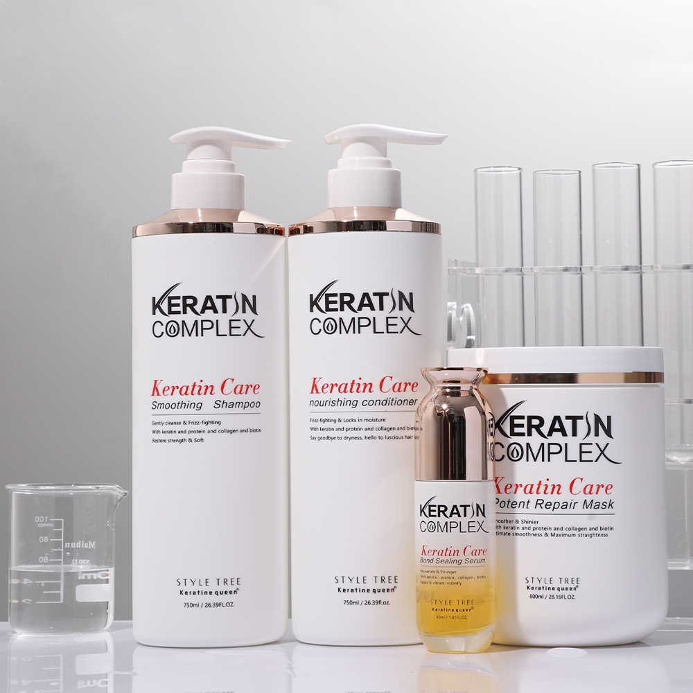 Style Tree Keratin Complex hair care set with shampoo, conditioner, mask and serum, salon-grade hydrolyzed keratin treatment for frizzy damaged hair