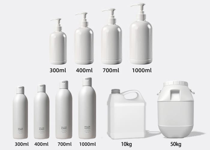 Multi-volume packaging options for hair care OEM products, from retail bottles to bulk containers